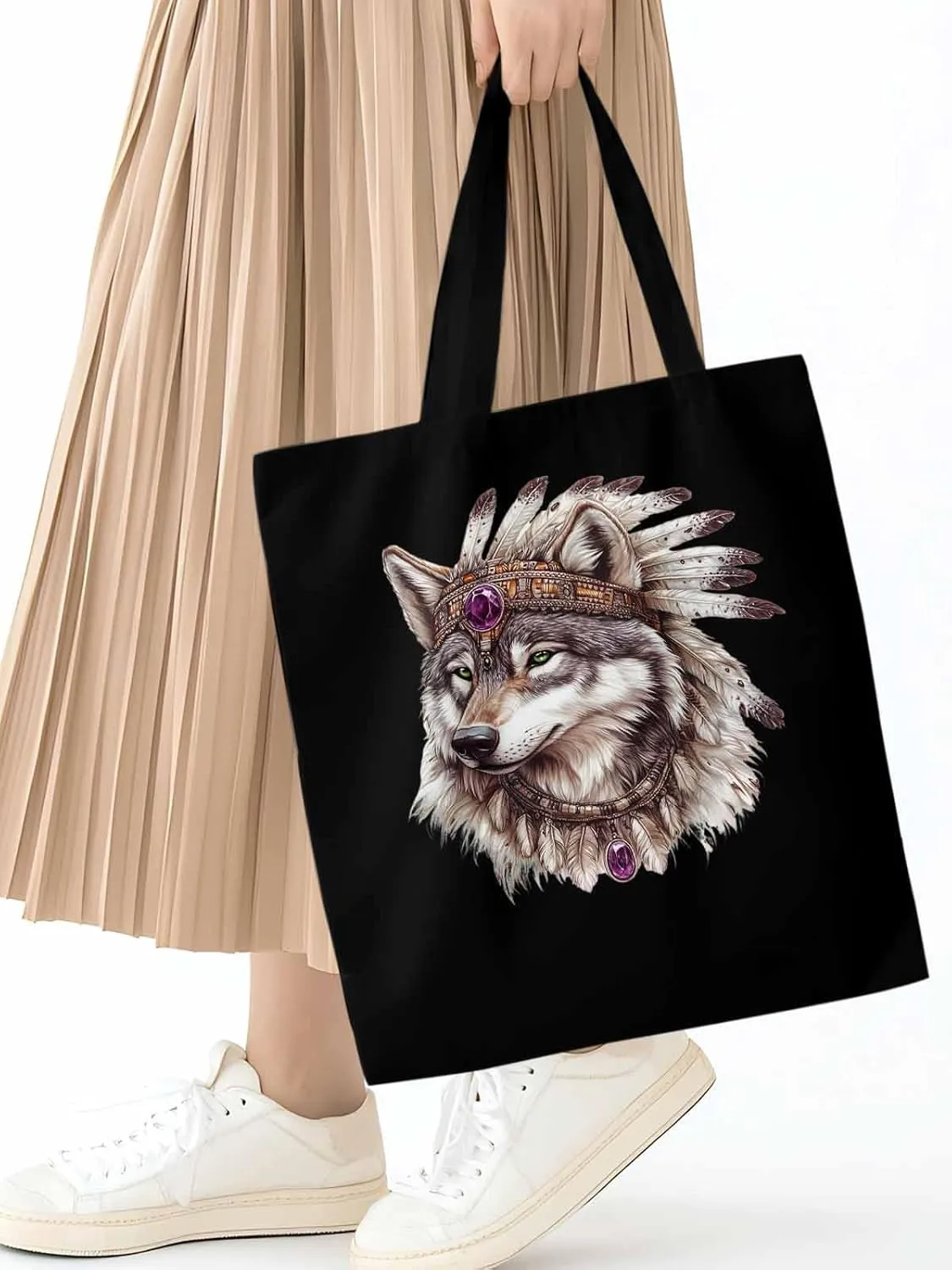 Canvas Tote Bag, Vintage Indian Wolf Print Aesthetic Canvas Tote Handbags for Women Shoulder Bag,