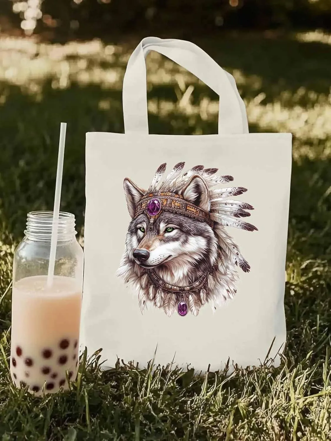 Canvas Tote Bag, Vintage Indian Wolf Print Aesthetic Canvas Tote Handbags for Women Shoulder Bag,
