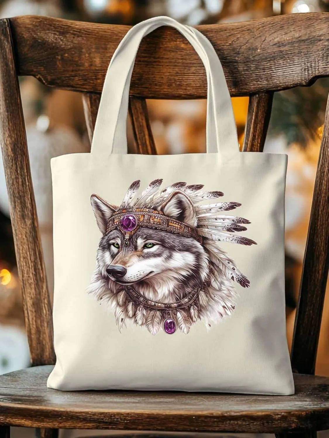 Canvas Tote Bag, Vintage Indian Wolf Print Aesthetic Canvas Tote Handbags for Women Shoulder Bag,