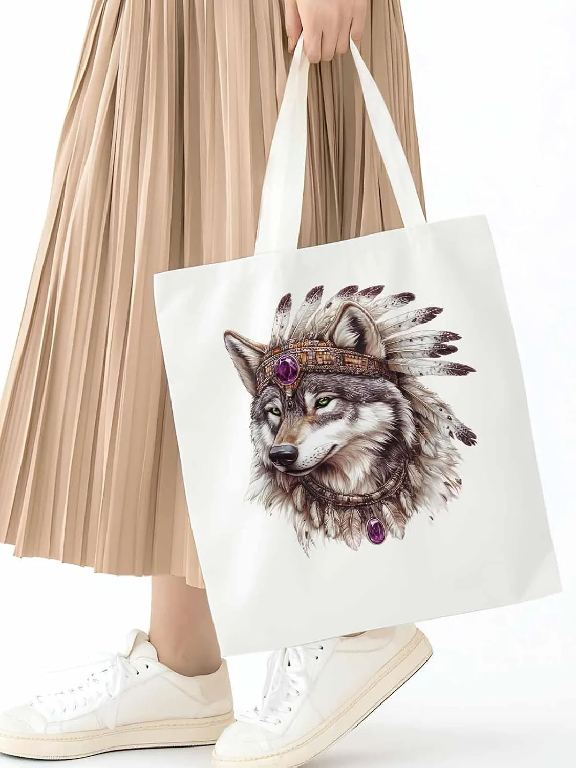 Canvas Tote Bag, Vintage Indian Wolf Print Aesthetic Canvas Tote Handbags for Women Shoulder Bag,