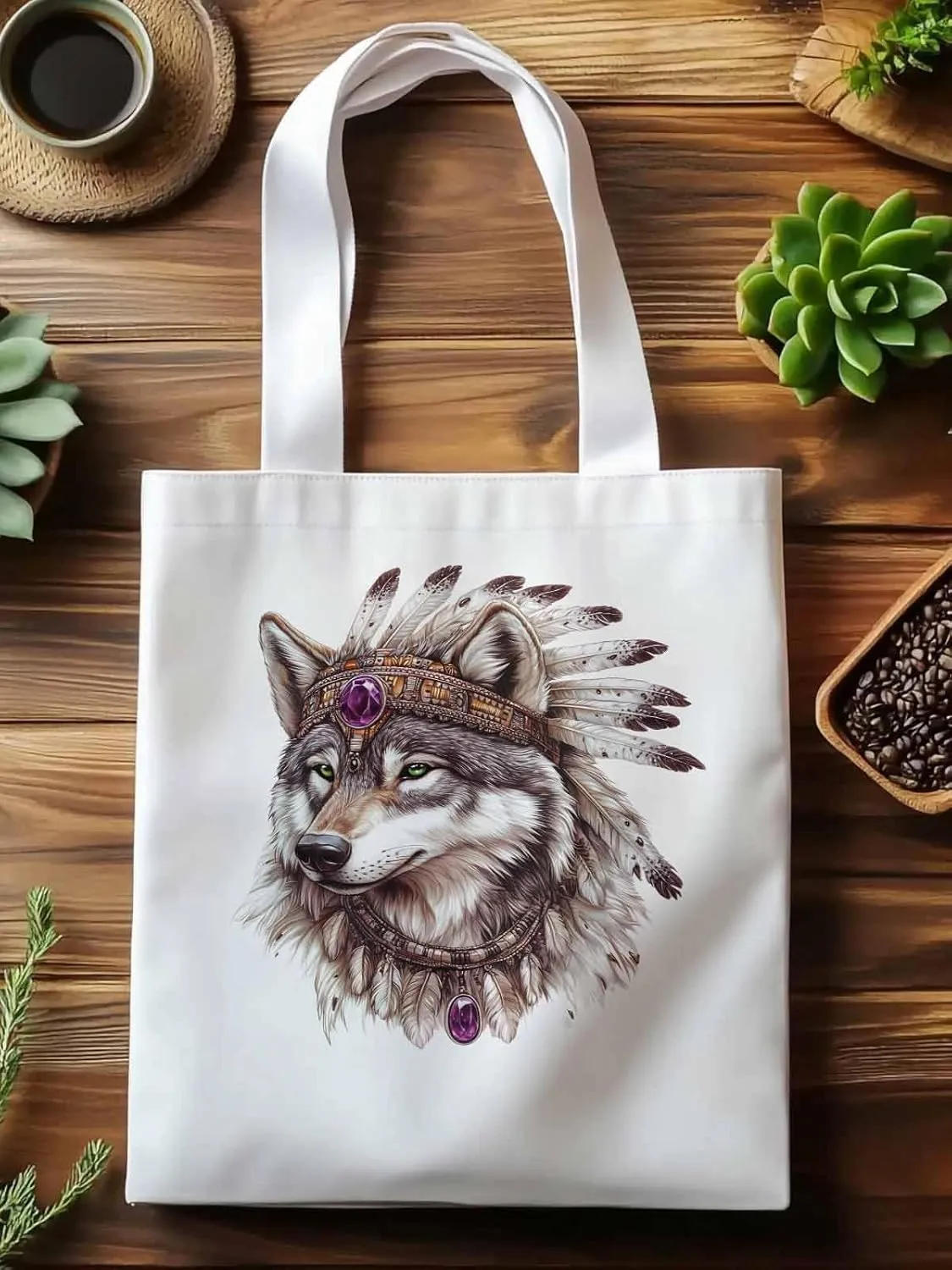 Canvas Tote Bag, Vintage Indian Wolf Print Aesthetic Canvas Tote Handbags for Women Shoulder Bag,