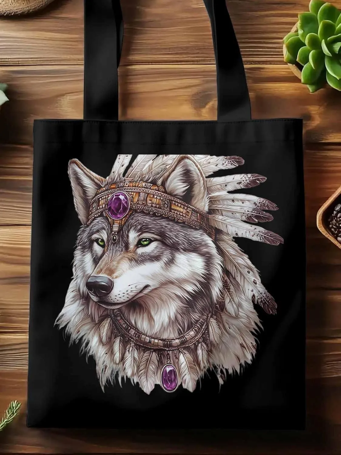 Canvas Tote Bag, Vintage Indian Wolf Print Aesthetic Canvas Tote Handbags for Women Shoulder Bag,