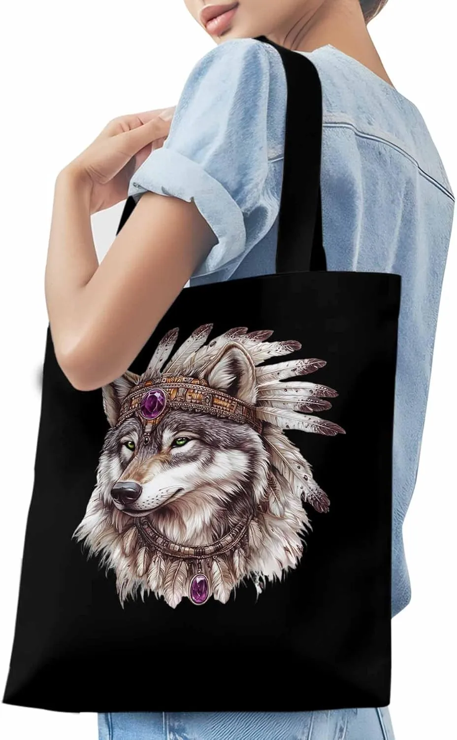 Canvas Tote Bag, Vintage Indian Wolf Print Aesthetic Canvas Tote Handbags for Women Shoulder Bag,