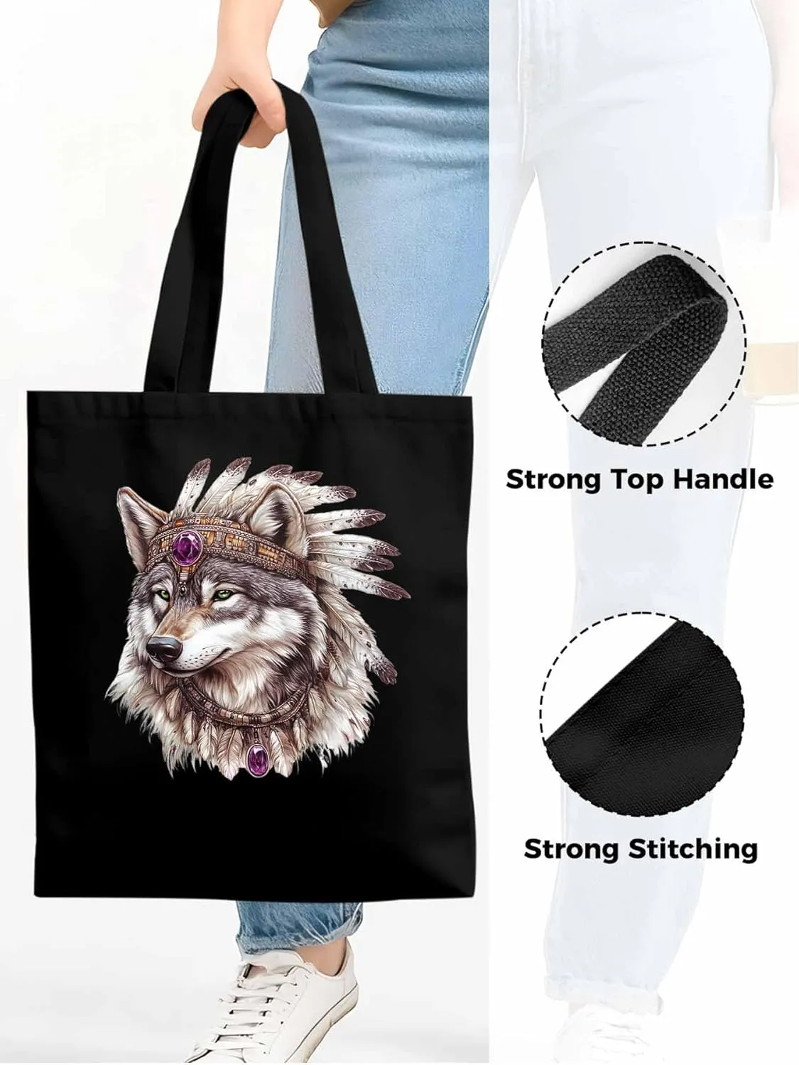 Canvas Tote Bag, Vintage Indian Wolf Print Aesthetic Canvas Tote Handbags for Women Shoulder Bag,