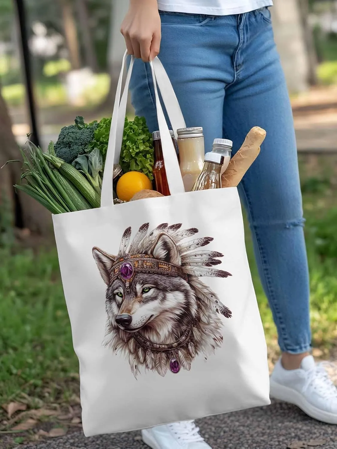 Canvas Tote Bag, Vintage Indian Wolf Print Aesthetic Canvas Tote Handbags for Women Shoulder Bag,