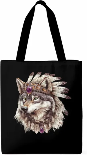 Canvas Tote Bag, Vintage Indian Wolf Print Aesthetic Canvas Tote Handbags for Women Shoulder Bag,