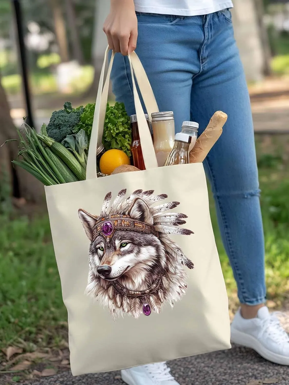 Canvas Tote Bag, Vintage Indian Wolf Print Aesthetic Canvas Tote Handbags for Women Shoulder Bag,