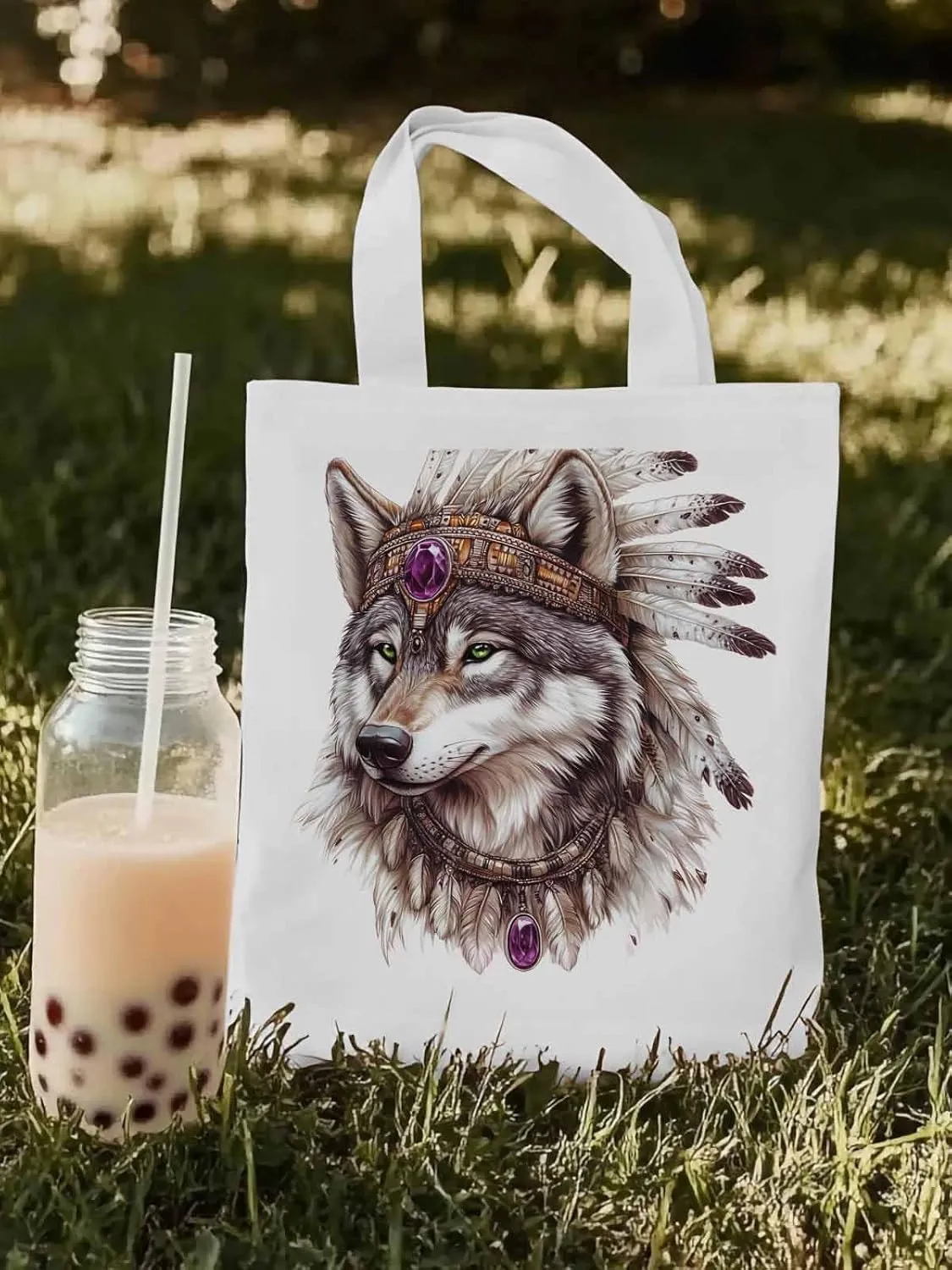 Canvas Tote Bag, Vintage Indian Wolf Print Aesthetic Canvas Tote Handbags for Women Shoulder Bag,