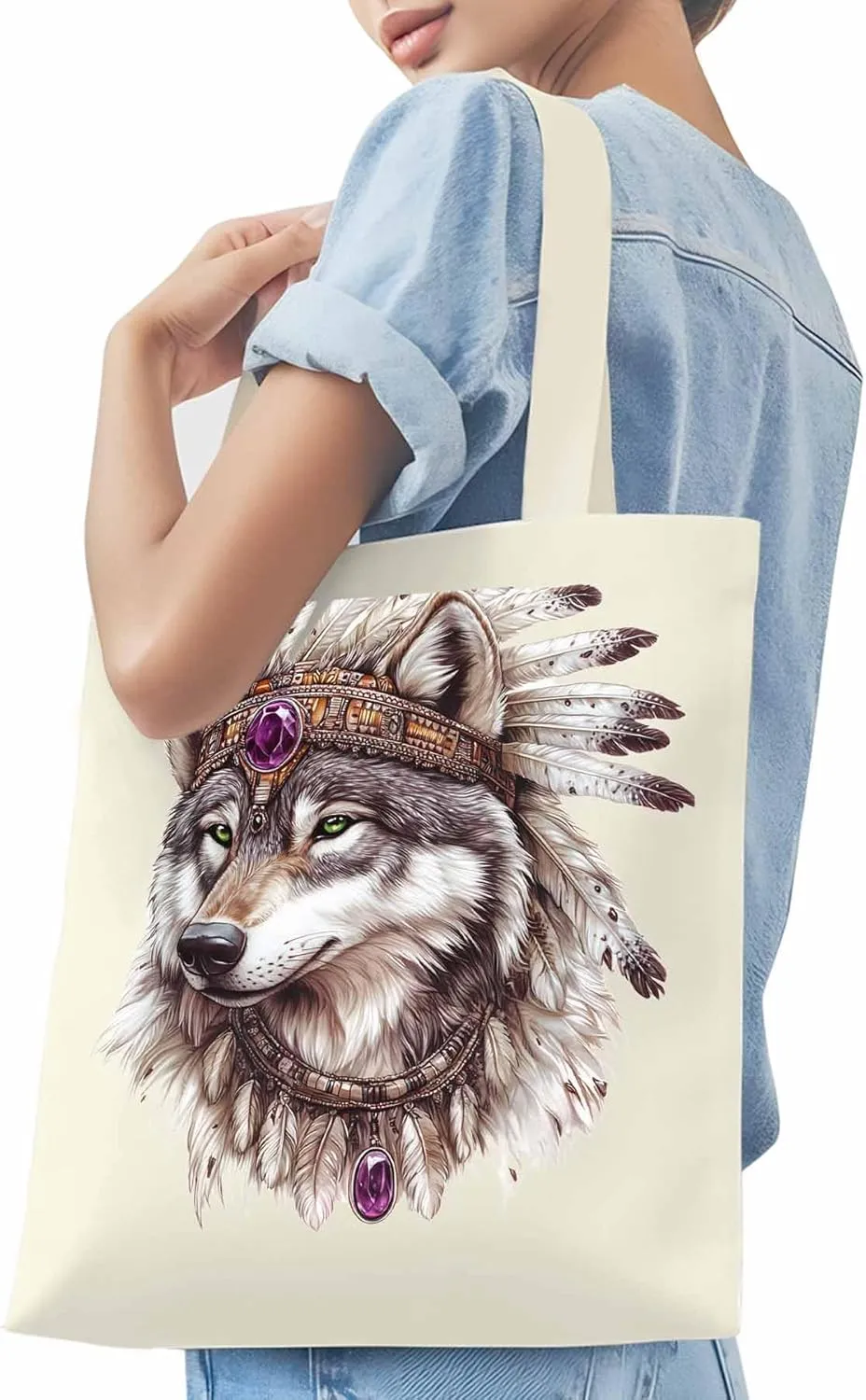 Canvas Tote Bag, Vintage Indian Wolf Print Aesthetic Canvas Tote Handbags for Women Shoulder Bag,