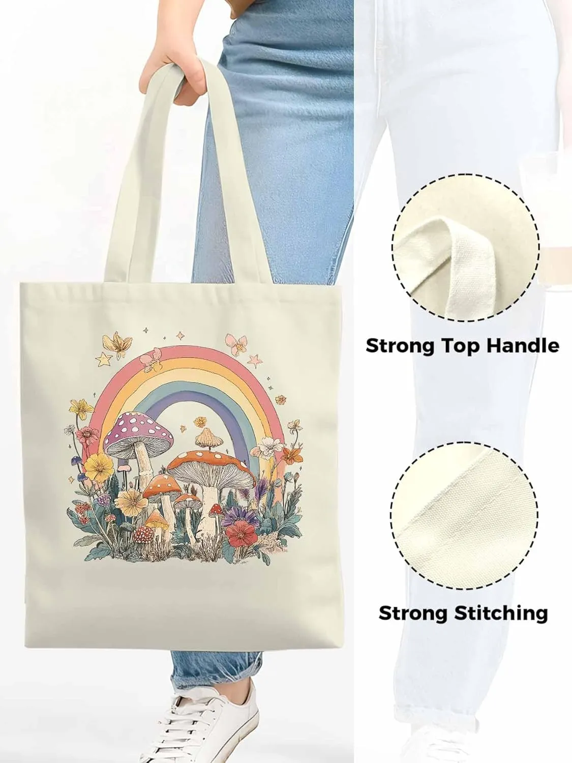Canvas Tote Bag, Vintage Mushroom Wildflower Rainbow Aesthetic Canvas Tote Handbags for Women Shoulder Bag,
