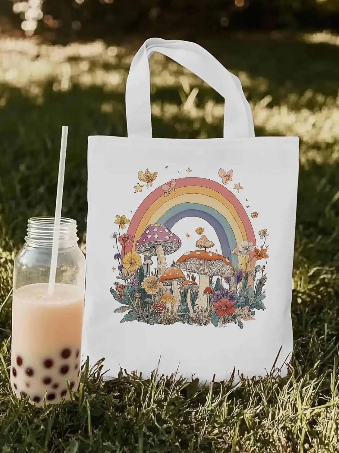 Canvas Tote Bag, Vintage Mushroom Wildflower Rainbow Aesthetic Canvas Tote Handbags for Women Shoulder Bag,