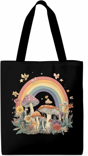 Canvas Tote Bag, Vintage Mushroom Wildflower Rainbow Aesthetic Canvas Tote Handbags for Women Shoulder Bag,