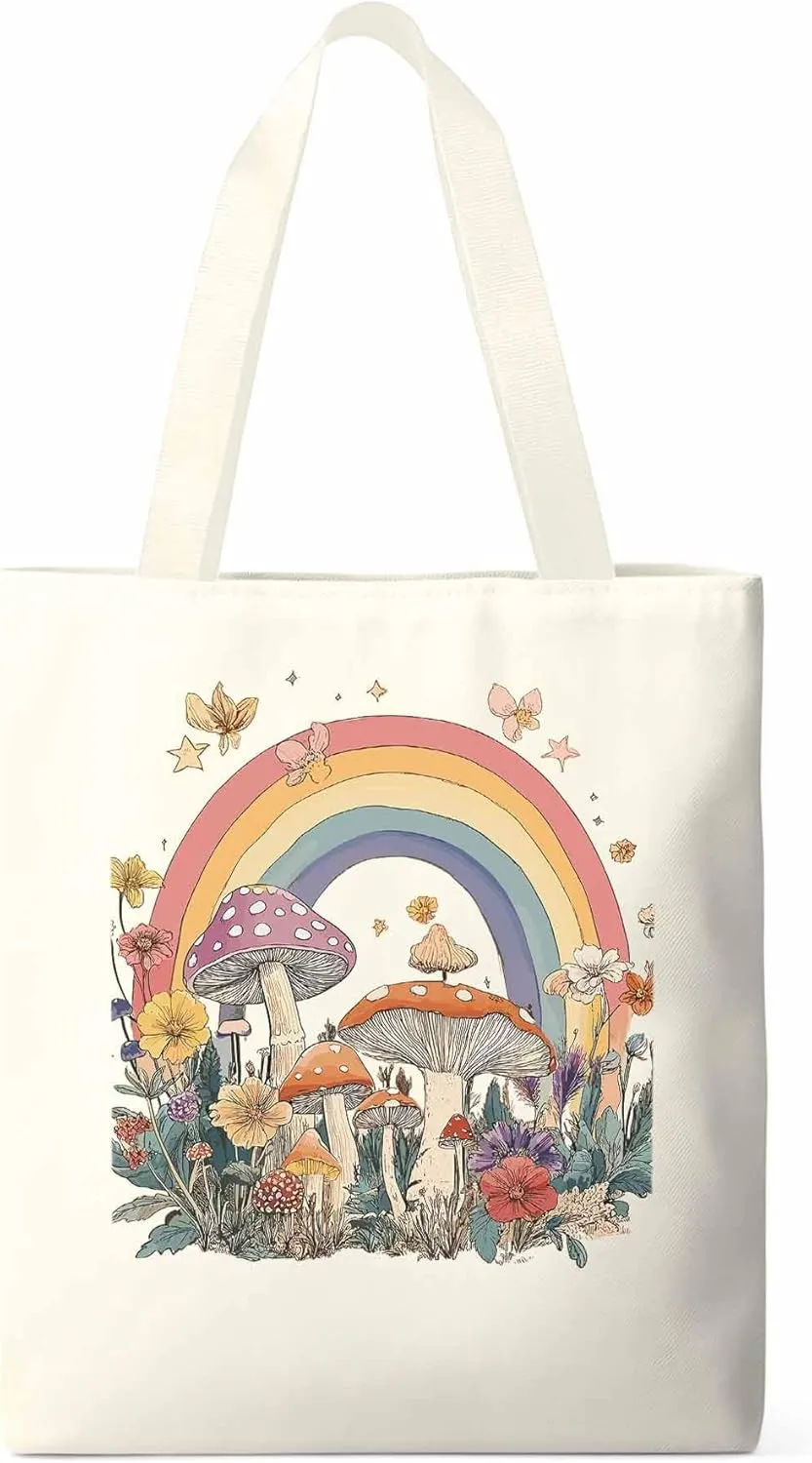 Canvas Tote Bag, Vintage Mushroom Wildflower Rainbow Aesthetic Canvas Tote Handbags for Women Shoulder Bag,