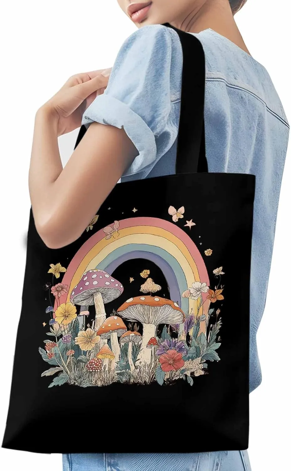 Canvas Tote Bag, Vintage Mushroom Wildflower Rainbow Aesthetic Canvas Tote Handbags for Women Shoulder Bag,