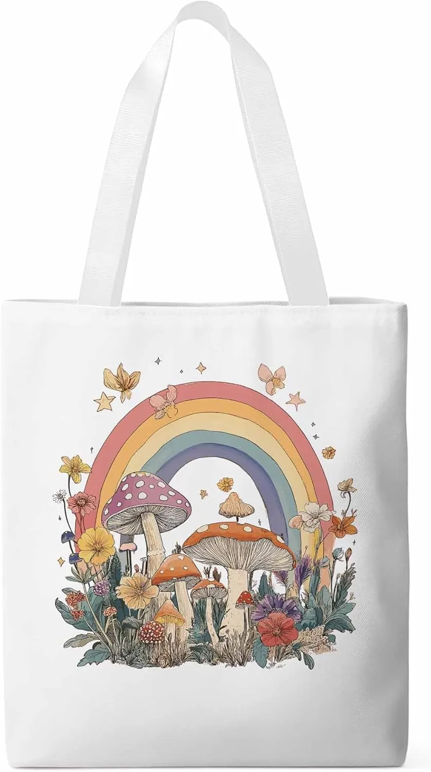 Canvas Tote Bag, Vintage Mushroom Wildflower Rainbow Aesthetic Canvas Tote Handbags for Women Shoulder Bag,