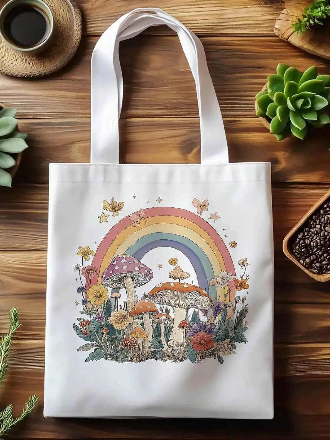 Canvas Tote Bag, Vintage Mushroom Wildflower Rainbow Aesthetic Canvas Tote Handbags for Women Shoulder Bag,