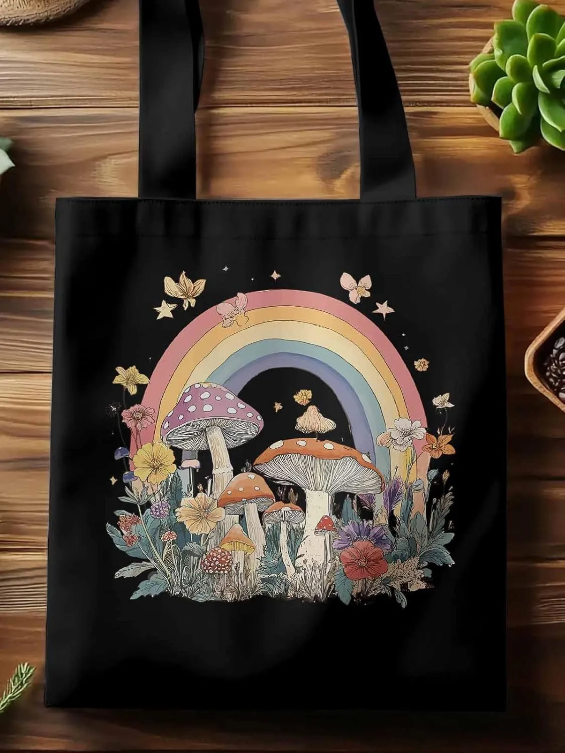 Canvas Tote Bag, Vintage Mushroom Wildflower Rainbow Aesthetic Canvas Tote Handbags for Women Shoulder Bag,