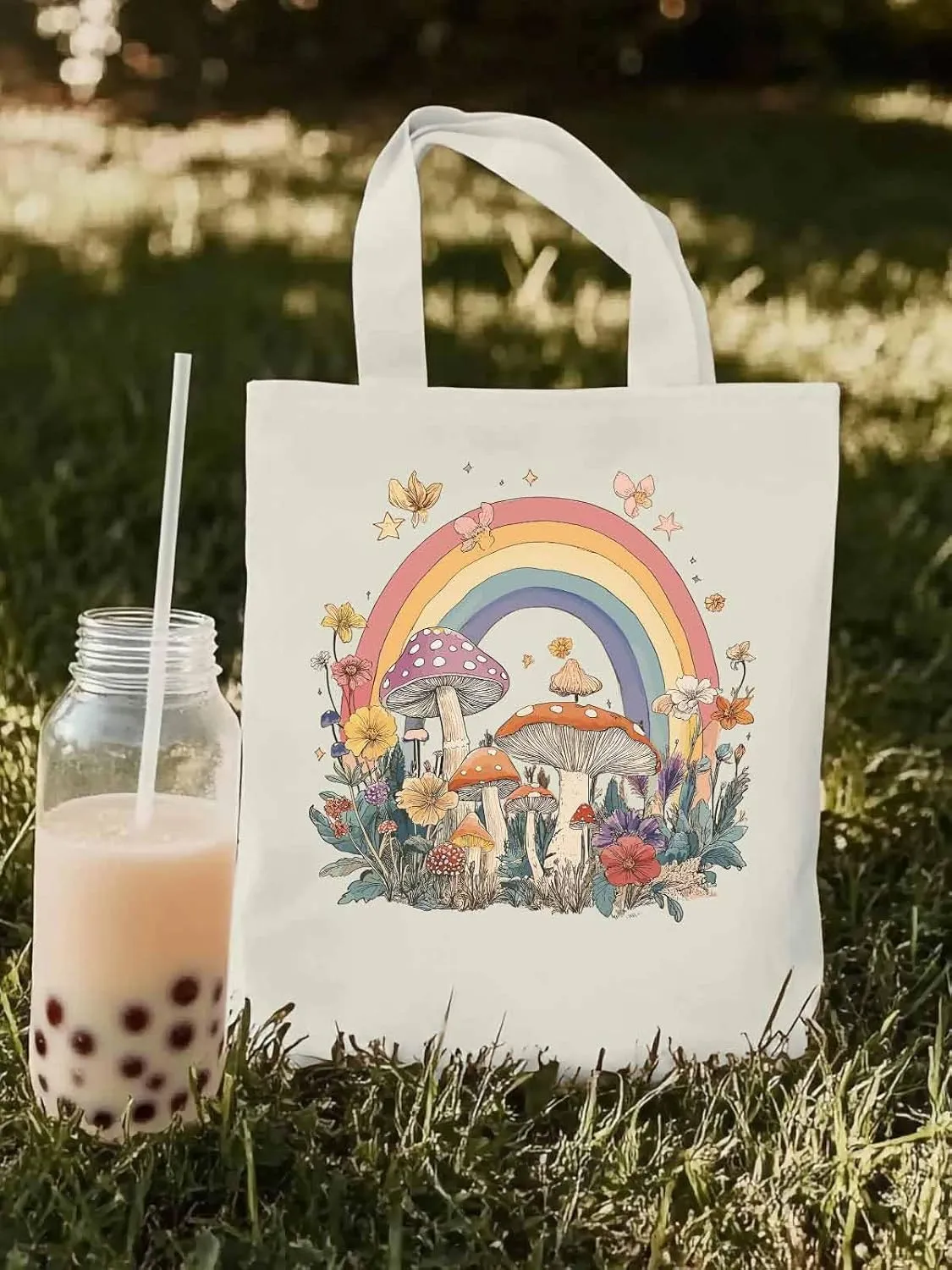 Canvas Tote Bag, Vintage Mushroom Wildflower Rainbow Aesthetic Canvas Tote Handbags for Women Shoulder Bag,
