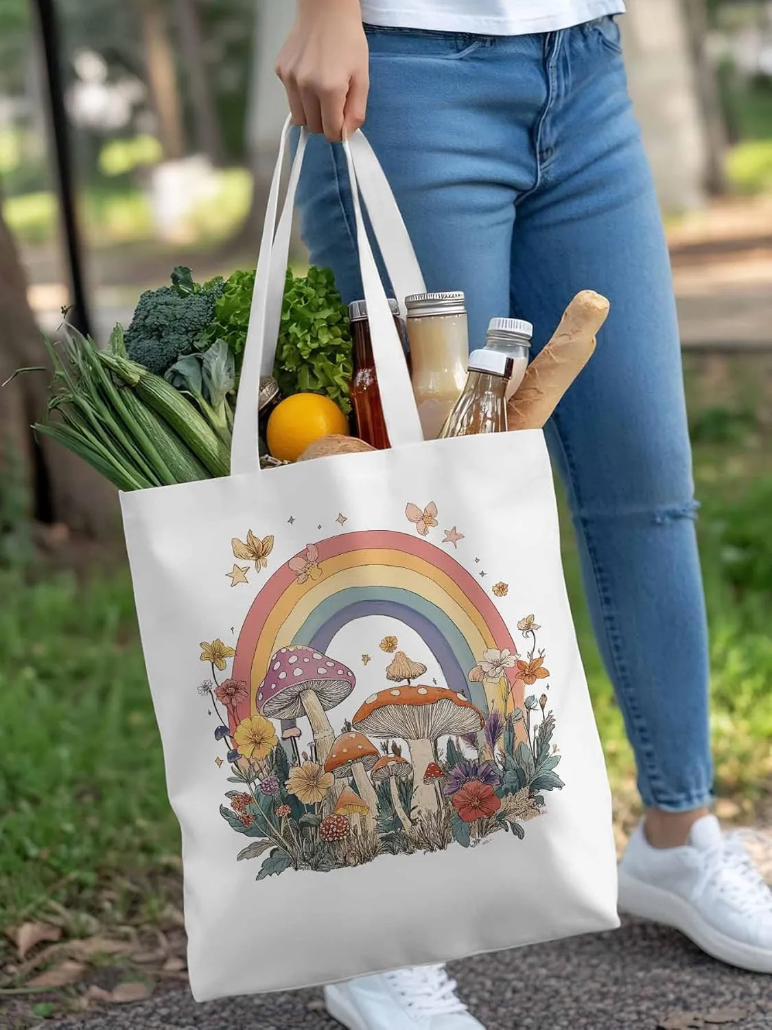 Canvas Tote Bag, Vintage Mushroom Wildflower Rainbow Aesthetic Canvas Tote Handbags for Women Shoulder Bag,