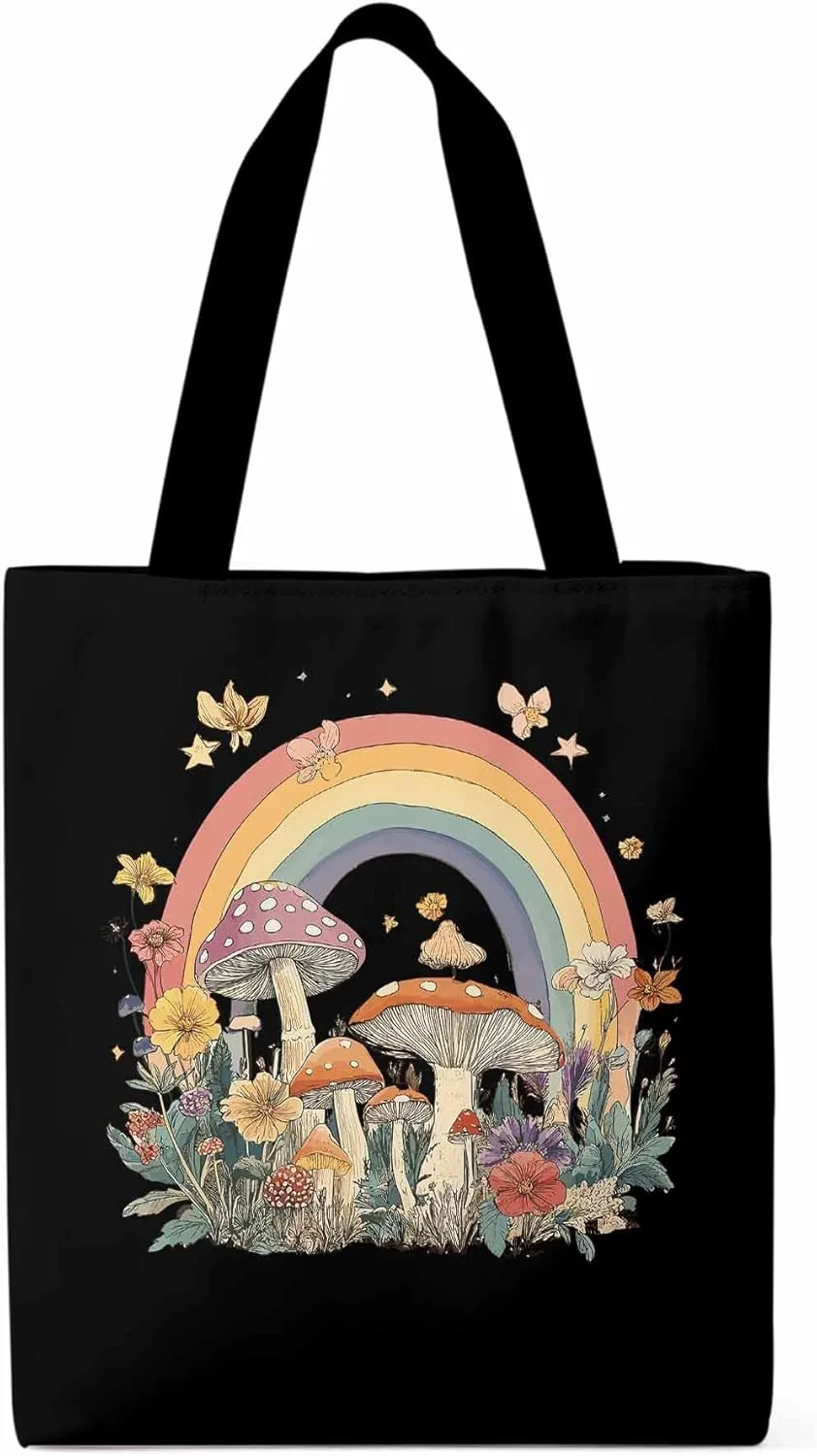 Canvas Tote Bag, Vintage Mushroom Wildflower Rainbow Aesthetic Canvas Tote Handbags for Women Shoulder Bag,