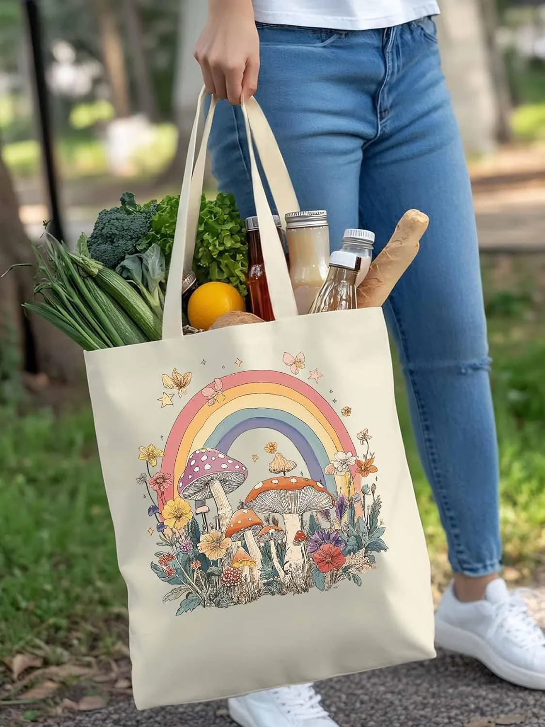 Canvas Tote Bag, Vintage Mushroom Wildflower Rainbow Aesthetic Canvas Tote Handbags for Women Shoulder Bag,