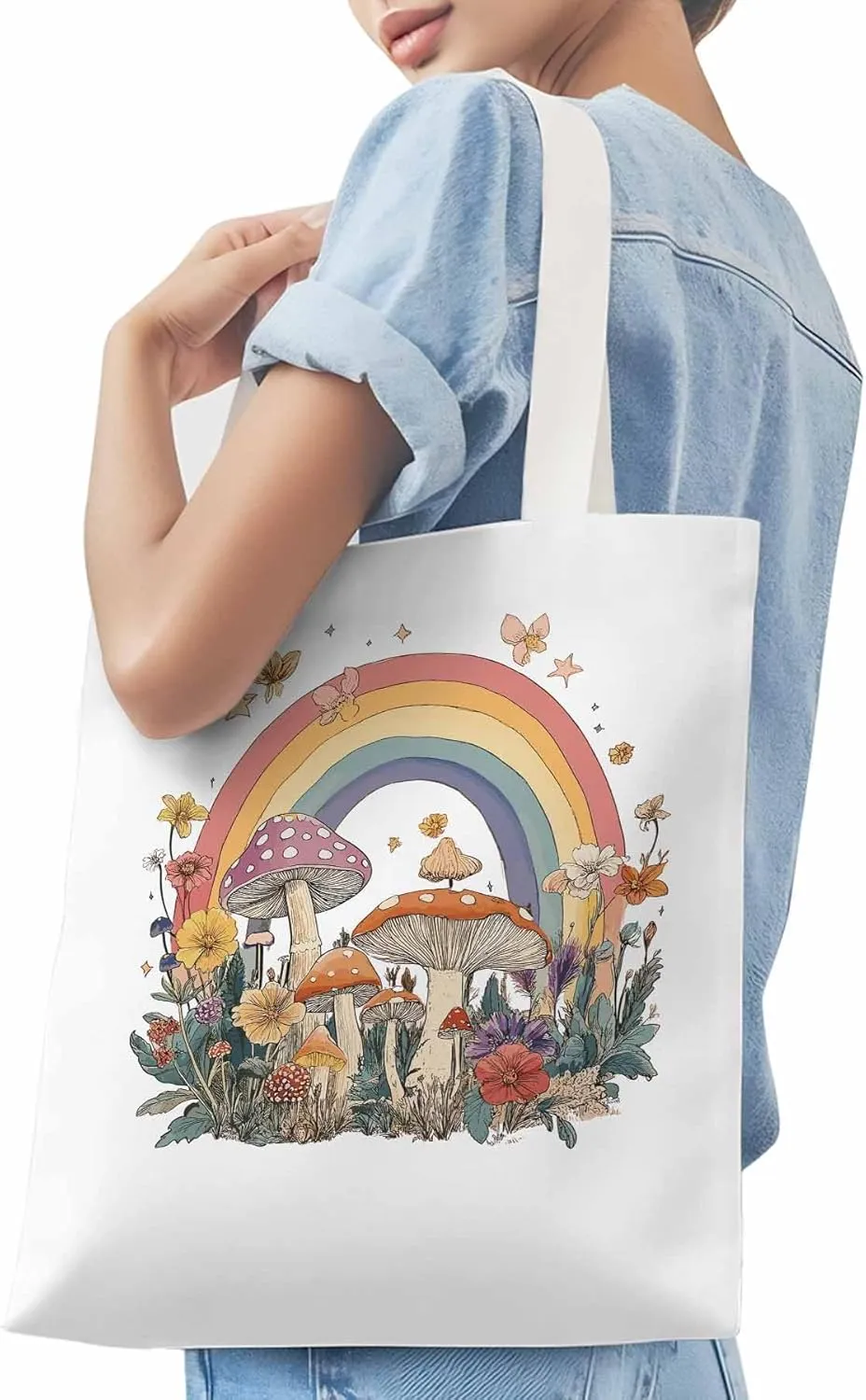 Canvas Tote Bag, Vintage Mushroom Wildflower Rainbow Aesthetic Canvas Tote Handbags for Women Shoulder Bag,