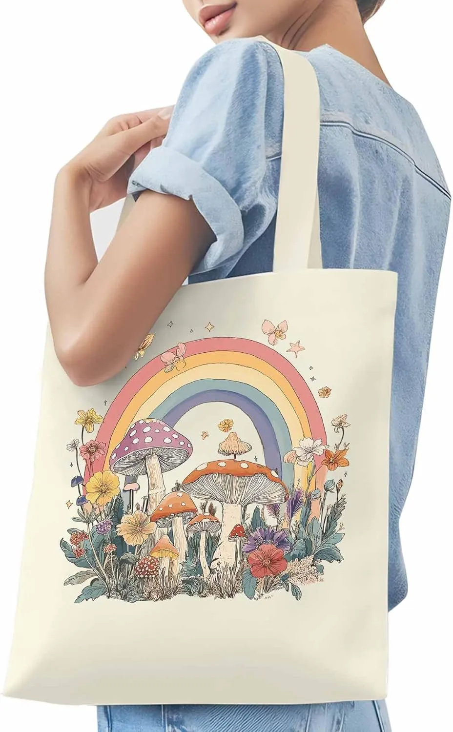 Canvas Tote Bag, Vintage Mushroom Wildflower Rainbow Aesthetic Canvas Tote Handbags for Women Shoulder Bag,