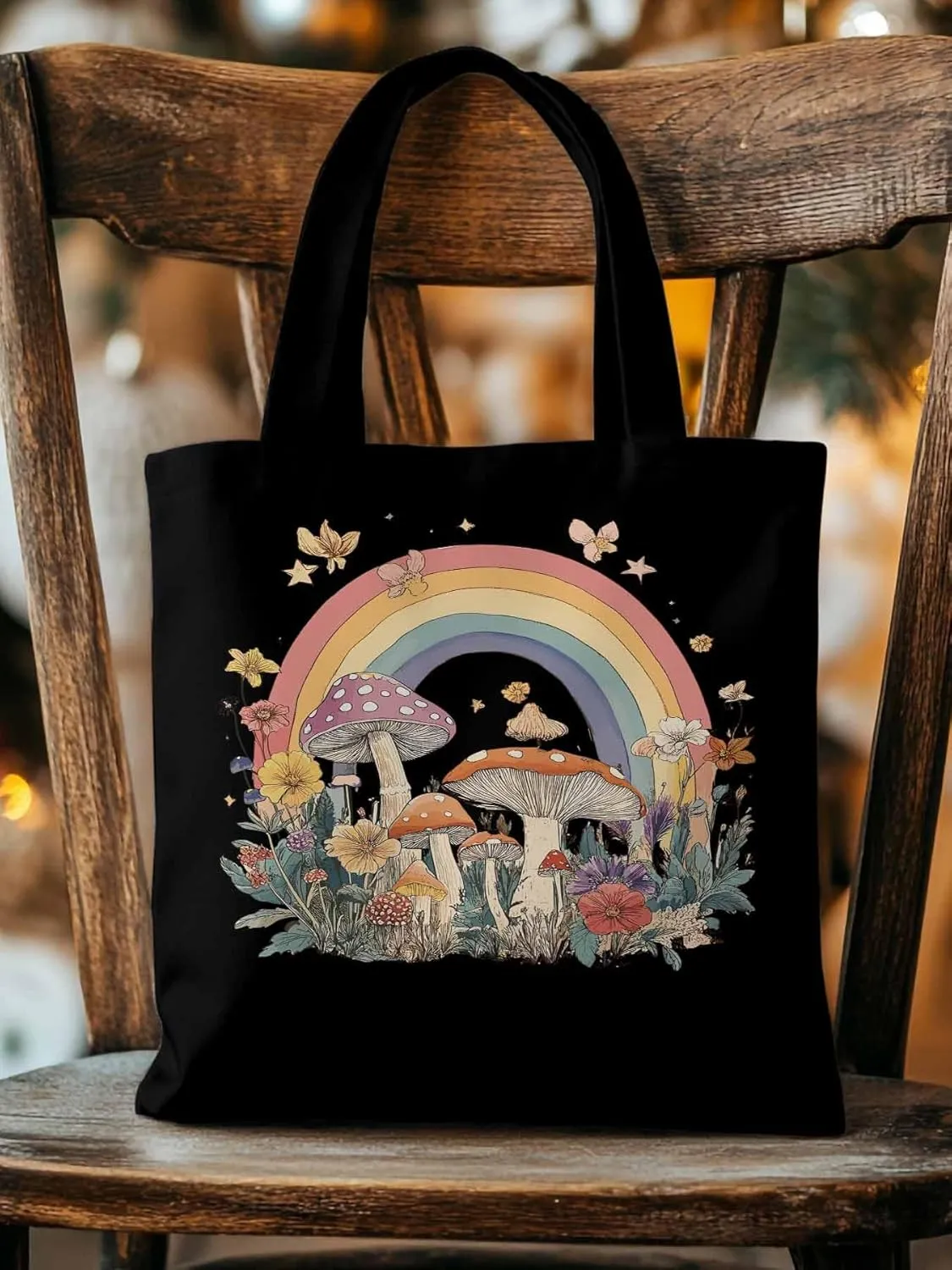 Canvas Tote Bag, Vintage Mushroom Wildflower Rainbow Aesthetic Canvas Tote Handbags for Women Shoulder Bag,