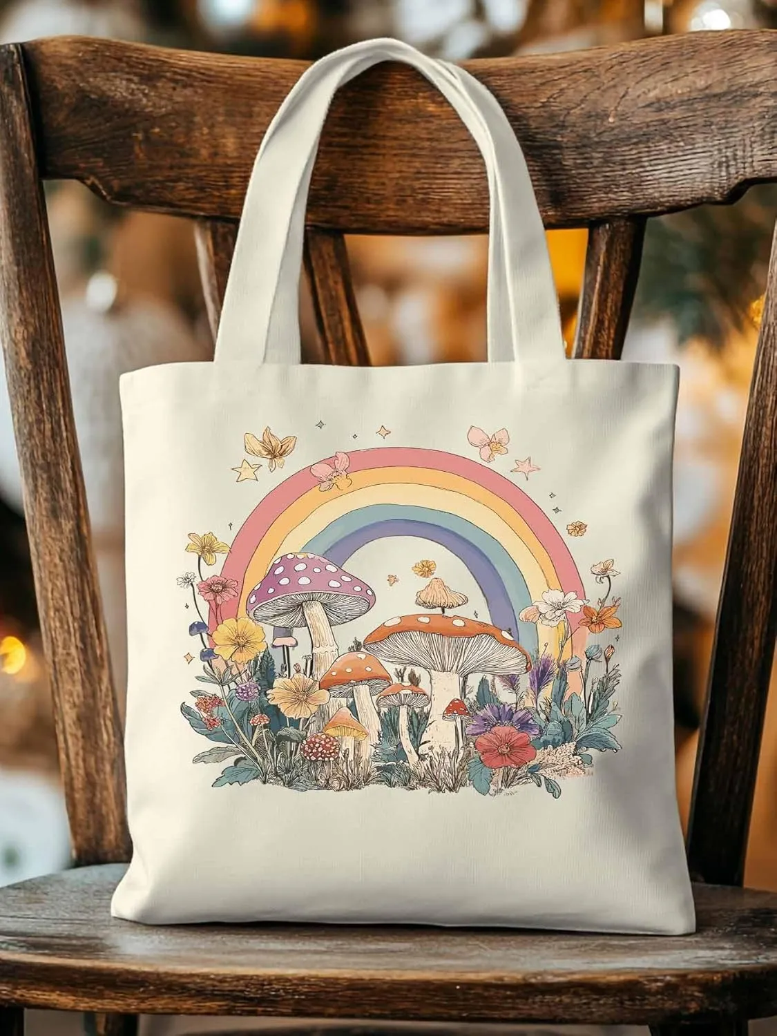 Canvas Tote Bag, Vintage Mushroom Wildflower Rainbow Aesthetic Canvas Tote Handbags for Women Shoulder Bag,