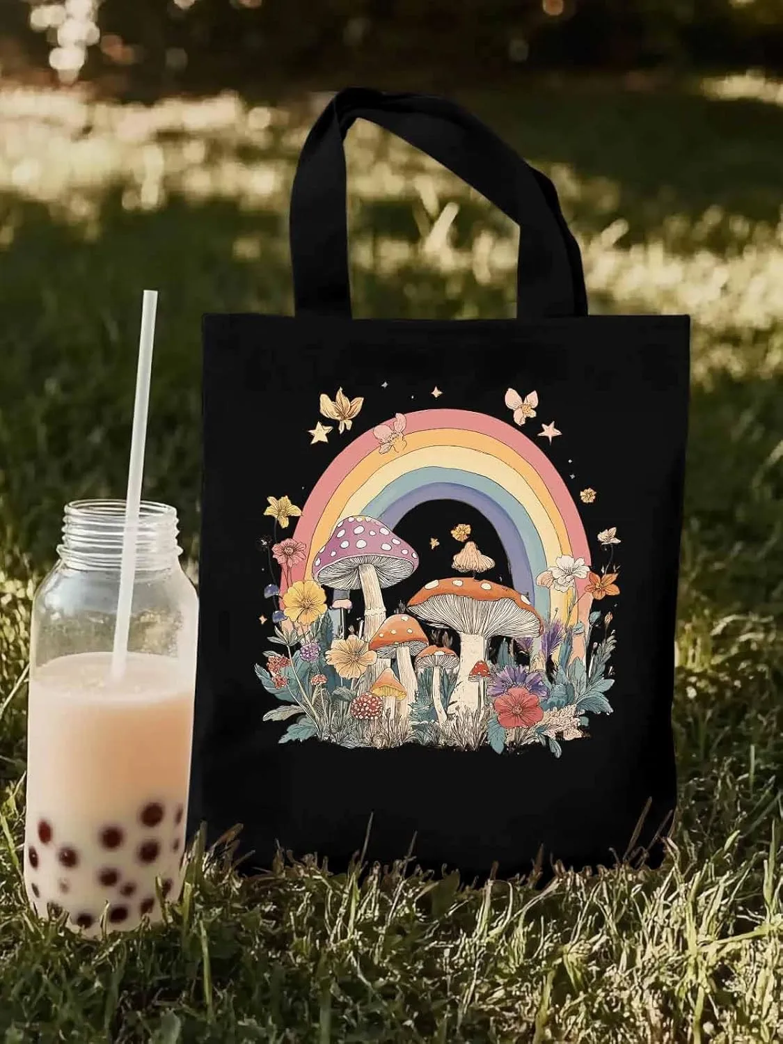 Canvas Tote Bag, Vintage Mushroom Wildflower Rainbow Aesthetic Canvas Tote Handbags for Women Shoulder Bag,