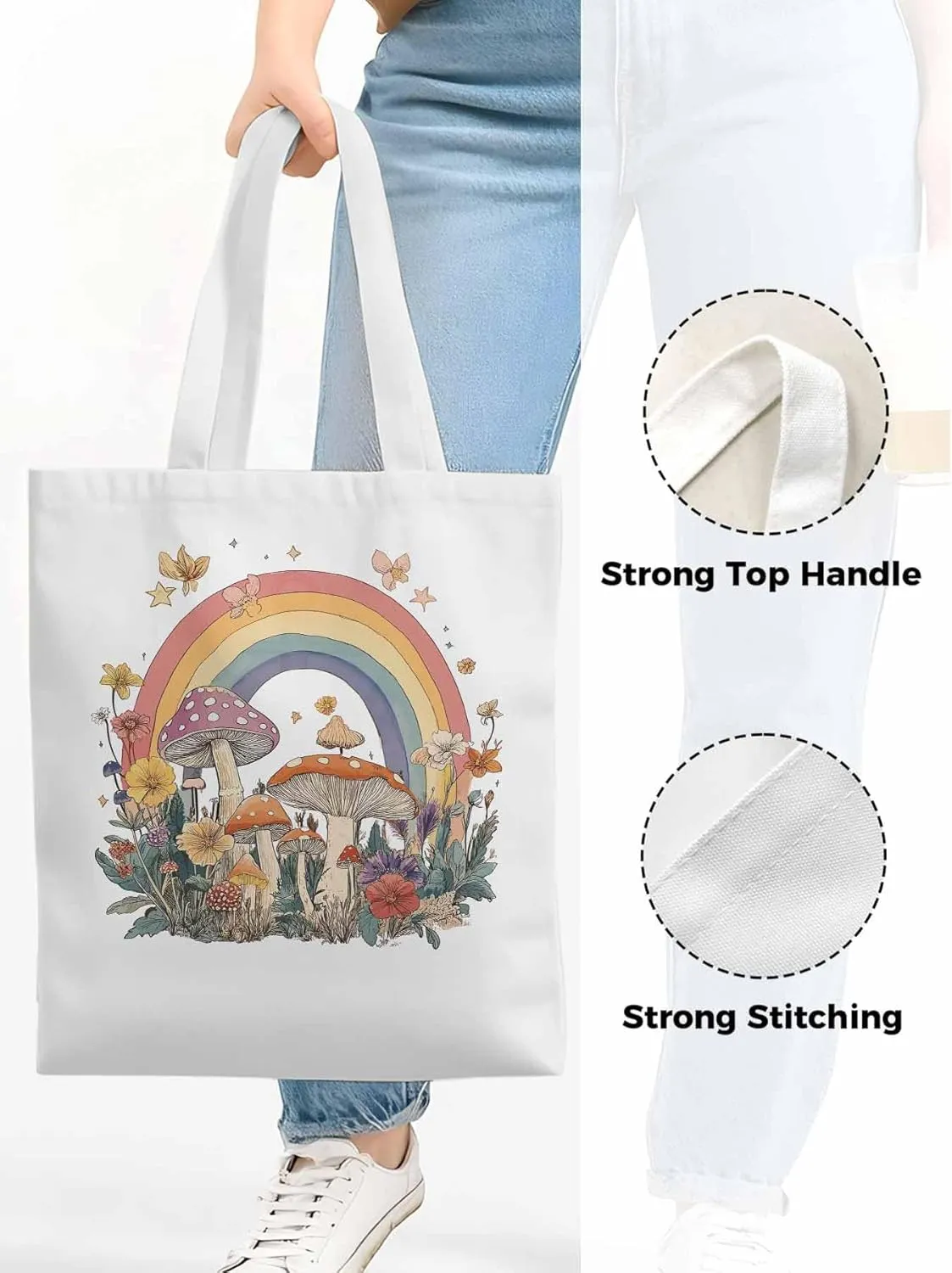 Canvas Tote Bag, Vintage Mushroom Wildflower Rainbow Aesthetic Canvas Tote Handbags for Women Shoulder Bag,