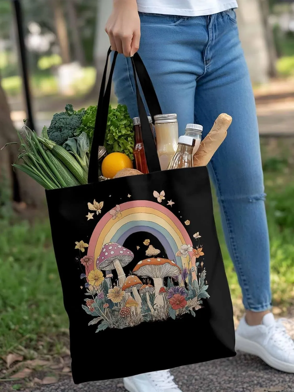 Canvas Tote Bag, Vintage Mushroom Wildflower Rainbow Aesthetic Canvas Tote Handbags for Women Shoulder Bag,