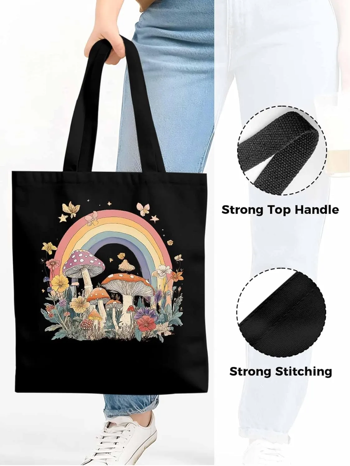 Canvas Tote Bag, Vintage Mushroom Wildflower Rainbow Aesthetic Canvas Tote Handbags for Women Shoulder Bag,