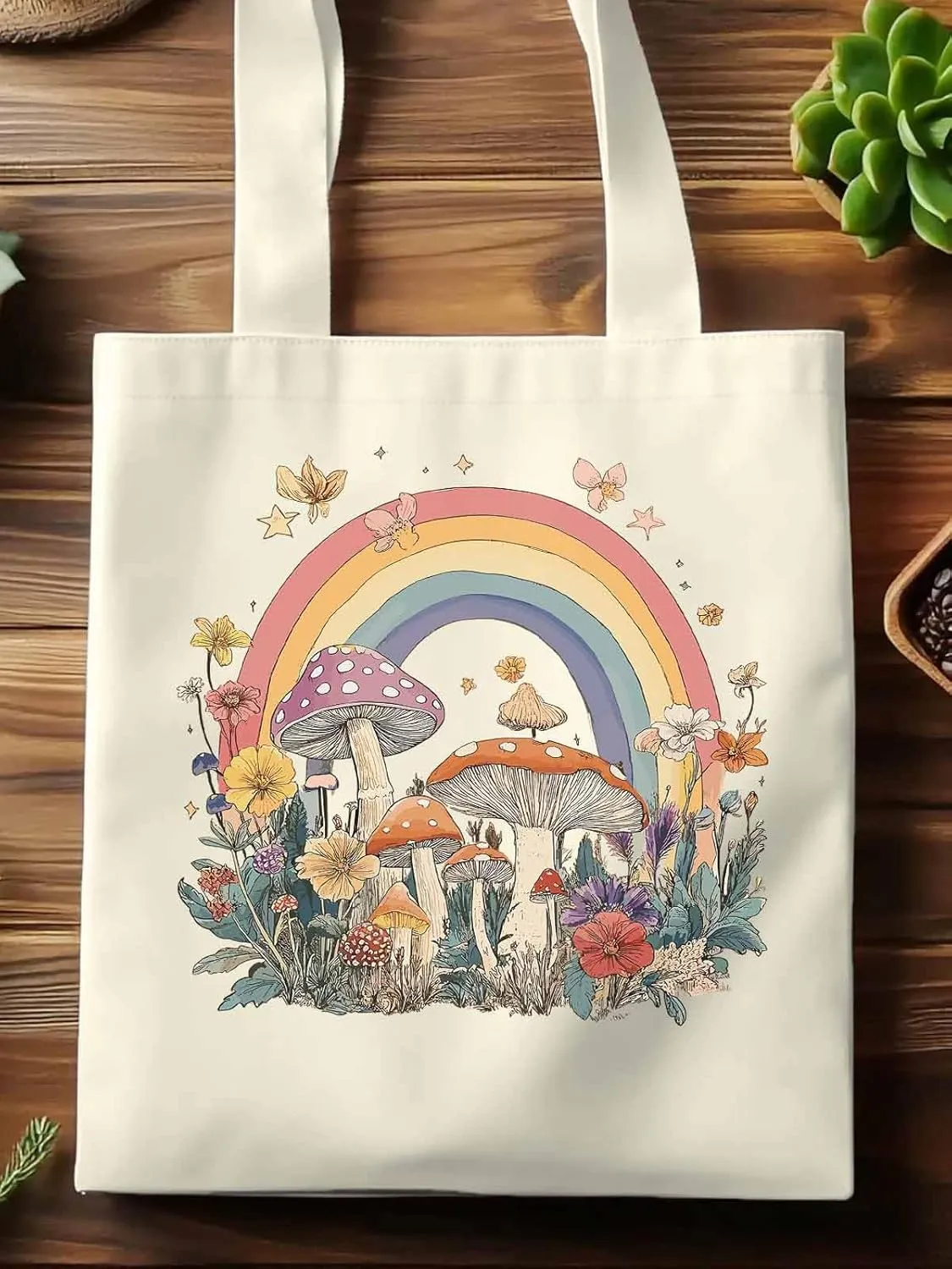 Canvas Tote Bag, Vintage Mushroom Wildflower Rainbow Aesthetic Canvas Tote Handbags for Women Shoulder Bag,