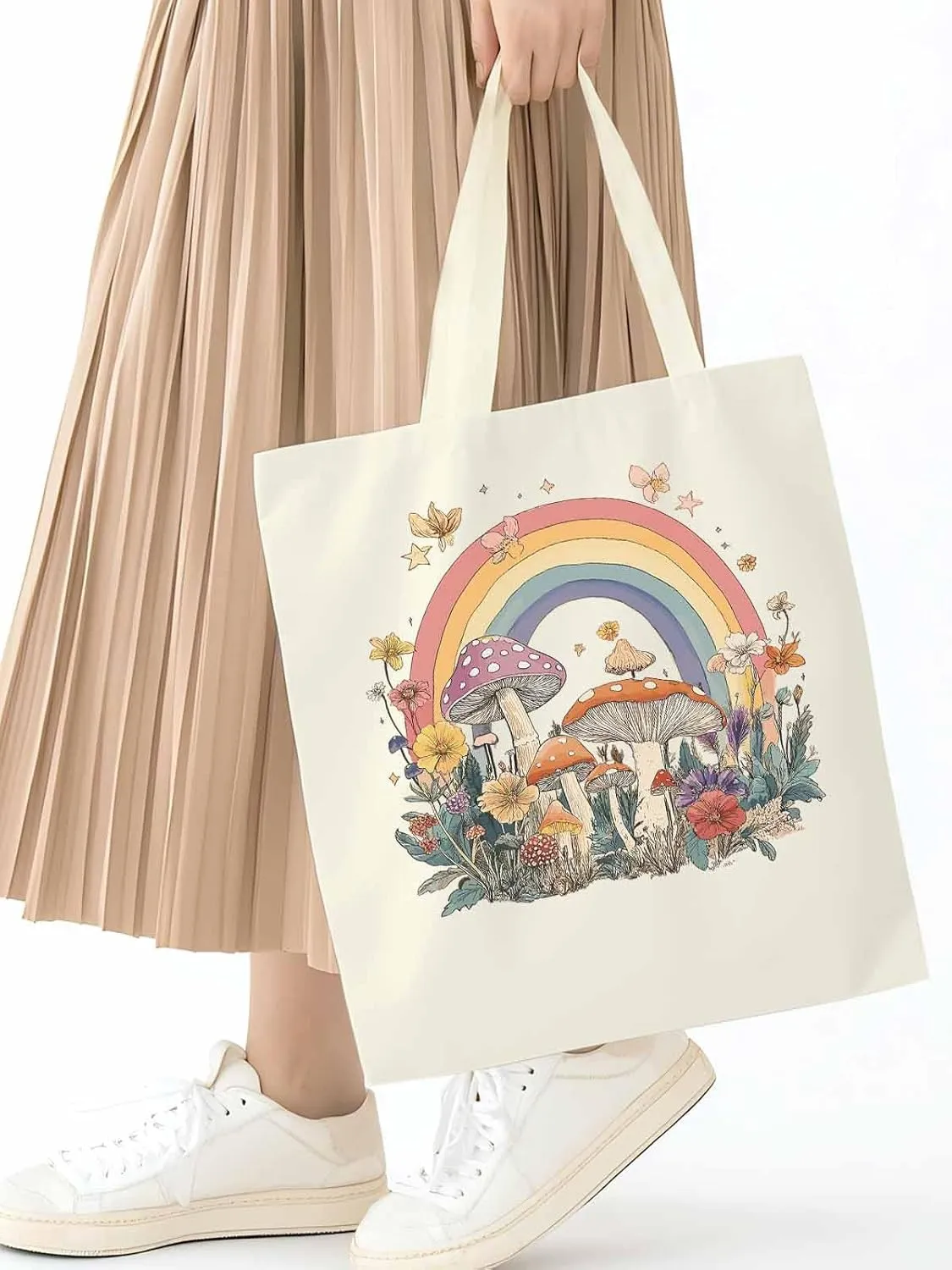 Canvas Tote Bag, Vintage Mushroom Wildflower Rainbow Aesthetic Canvas Tote Handbags for Women Shoulder Bag,