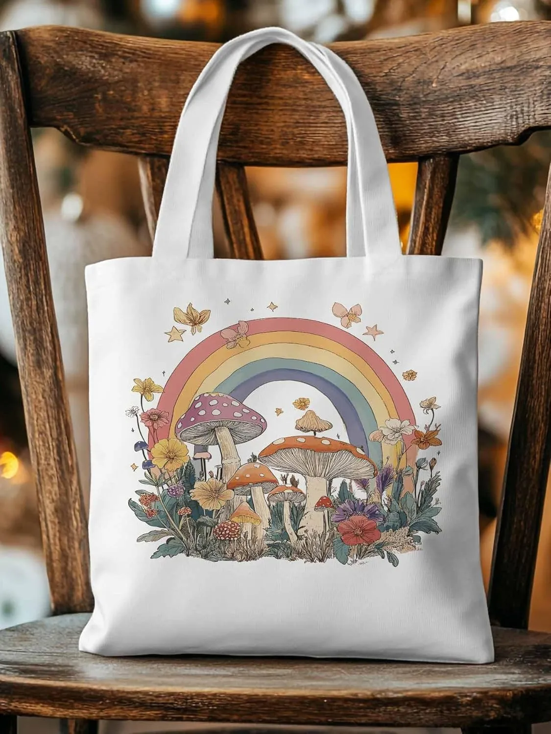 Canvas Tote Bag, Vintage Mushroom Wildflower Rainbow Aesthetic Canvas Tote Handbags for Women Shoulder Bag,