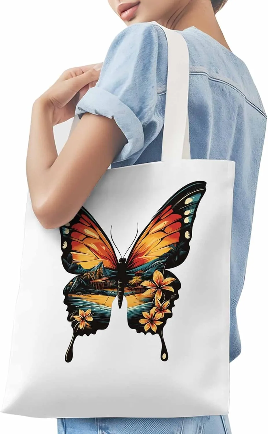 Canvas Tote Bag, Vintage Ombre Butterfly patterned Canvas Tote Handbags for Women Shoulder Bag,