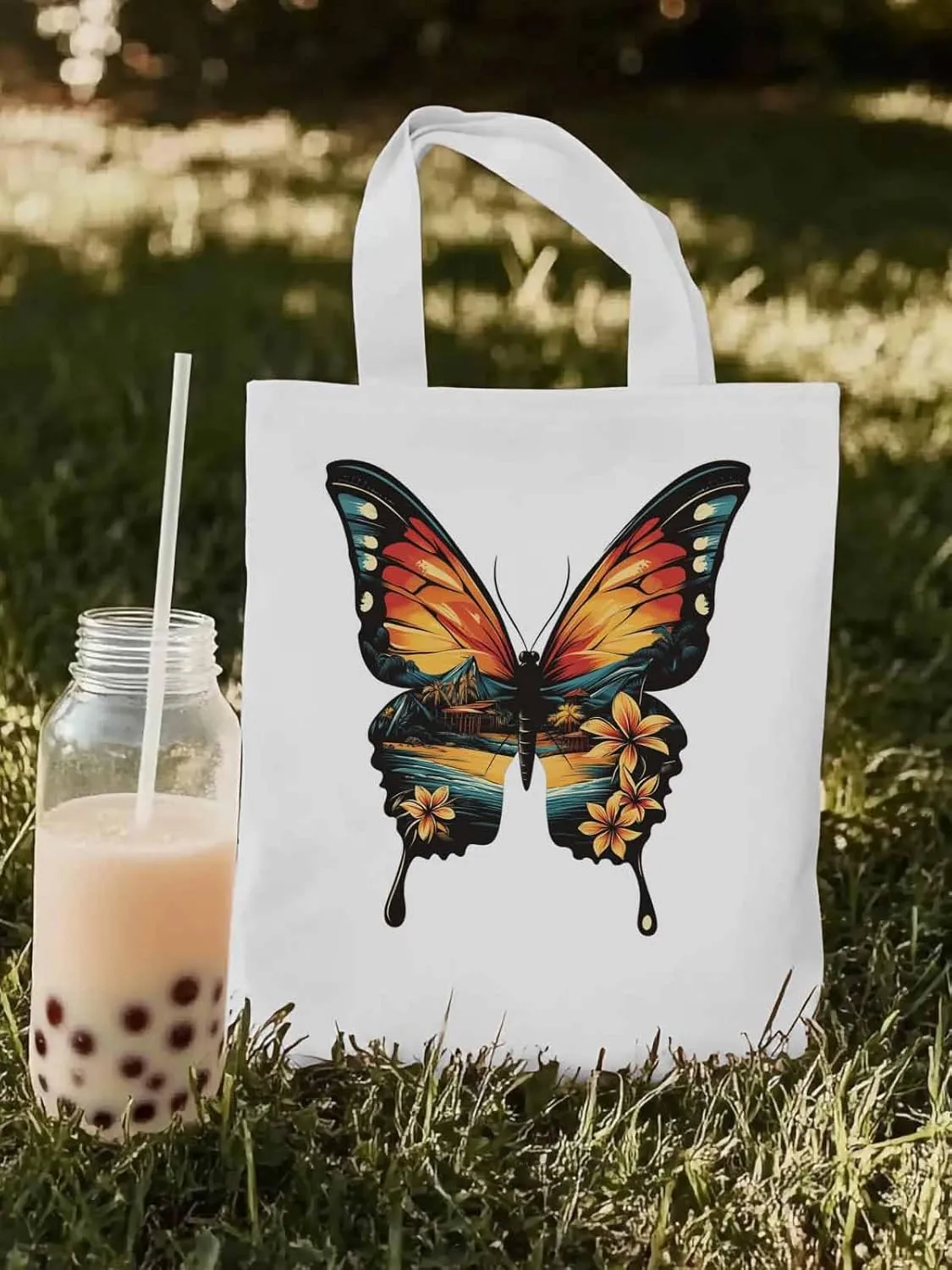 Canvas Tote Bag, Vintage Ombre Butterfly patterned Canvas Tote Handbags for Women Shoulder Bag,