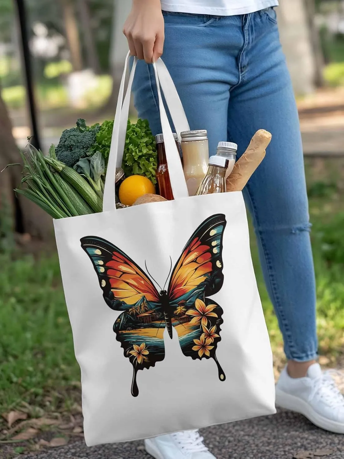 Canvas Tote Bag, Vintage Ombre Butterfly patterned Canvas Tote Handbags for Women Shoulder Bag,