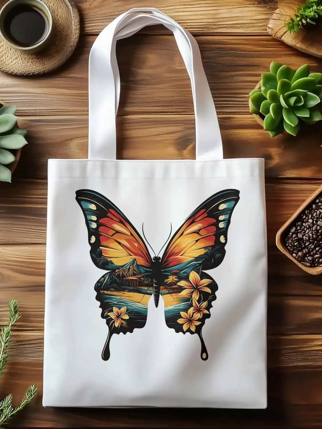 Canvas Tote Bag, Vintage Ombre Butterfly patterned Canvas Tote Handbags for Women Shoulder Bag,