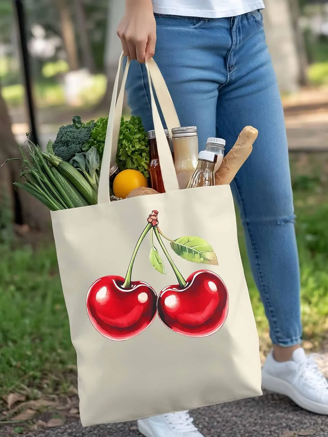 Canvas Tote Bag, Vintage Red Cherry Aesthetic Canvas Tote Handbags for Women Shoulder Bag,