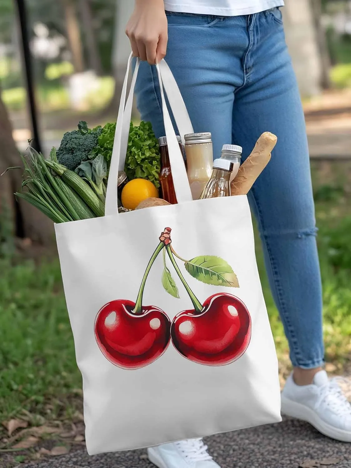 Canvas Tote Bag, Vintage Red Cherry Aesthetic Canvas Tote Handbags for Women Shoulder Bag,