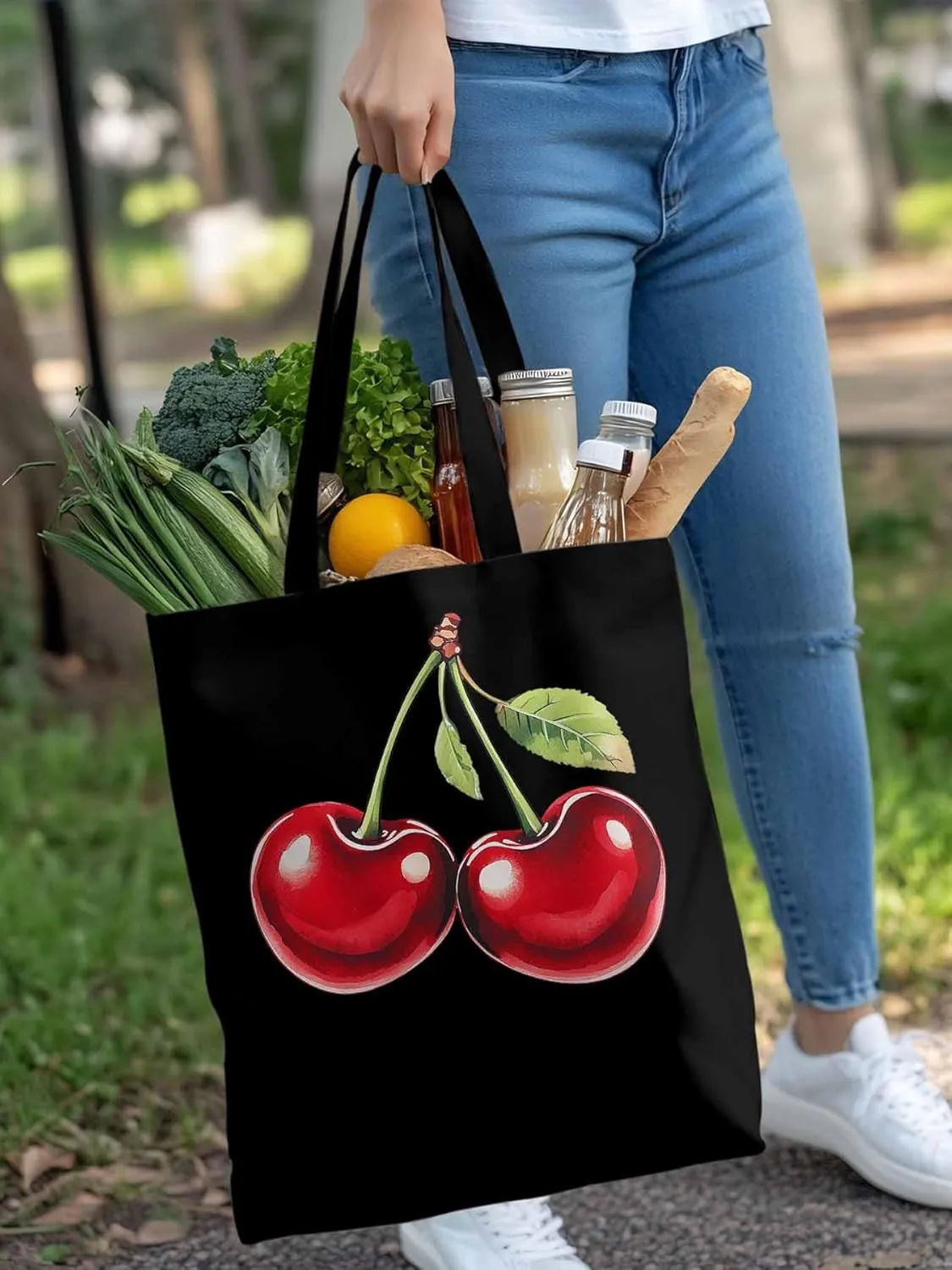 Canvas Tote Bag, Vintage Red Cherry Aesthetic Canvas Tote Handbags for Women Shoulder Bag,