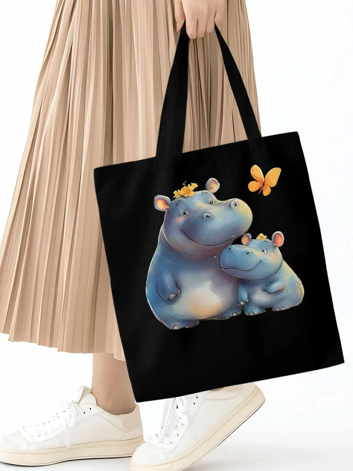 Canvas Tote Bag, Watercolor Cute Hippopotamus Aesthetic Canvas Tote Handbags for Women Shoulder Bag