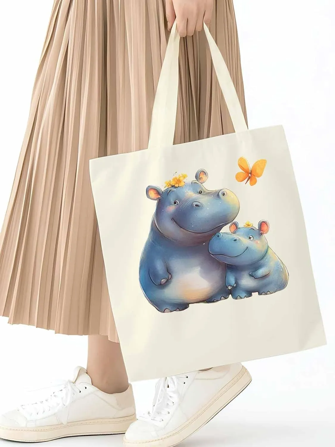 Canvas Tote Bag, Watercolor Cute Hippopotamus Aesthetic Canvas Tote Handbags for Women Shoulder Bag