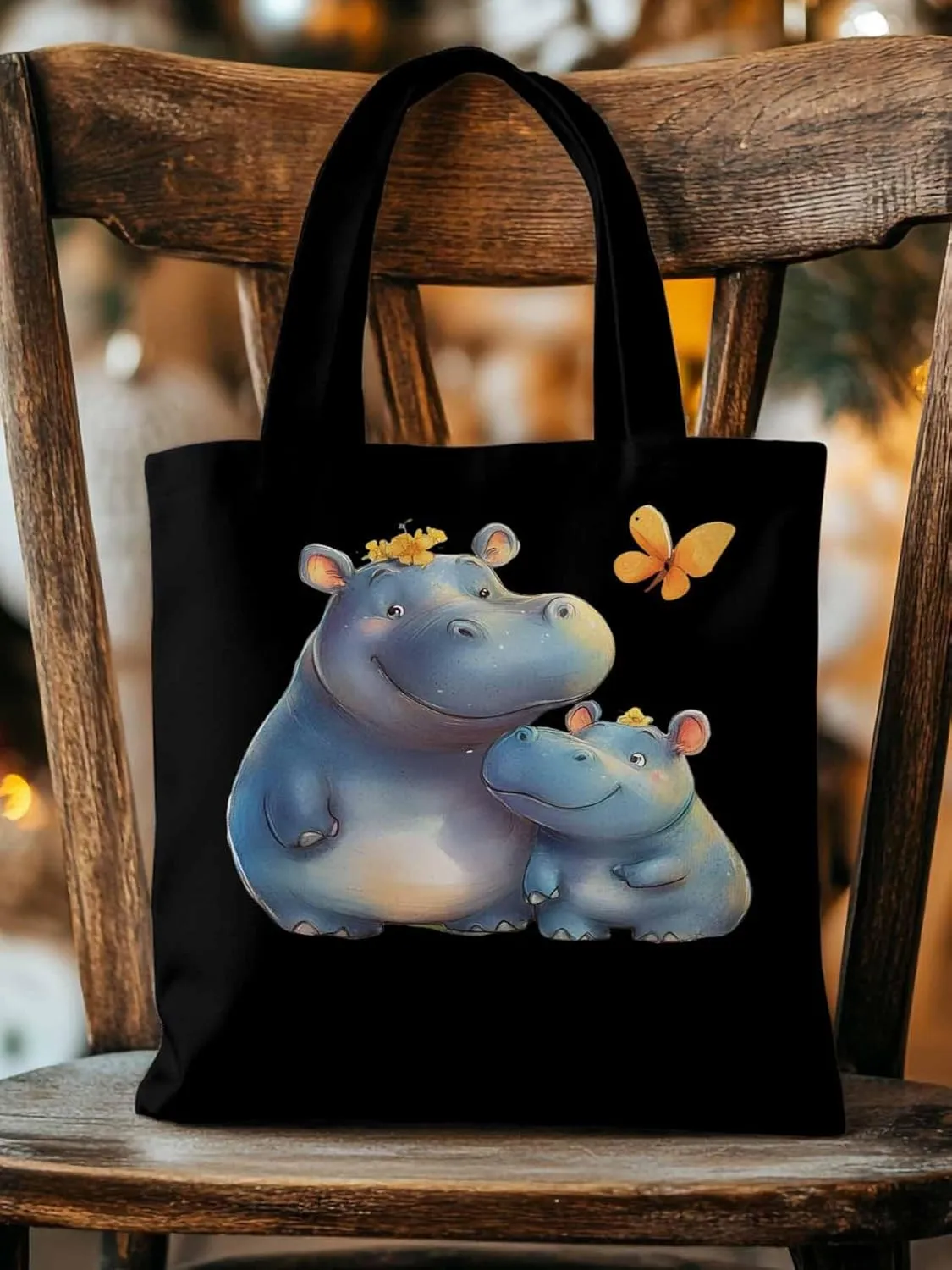 Canvas Tote Bag, Watercolor Cute Hippopotamus Aesthetic Canvas Tote Handbags for Women Shoulder Bag