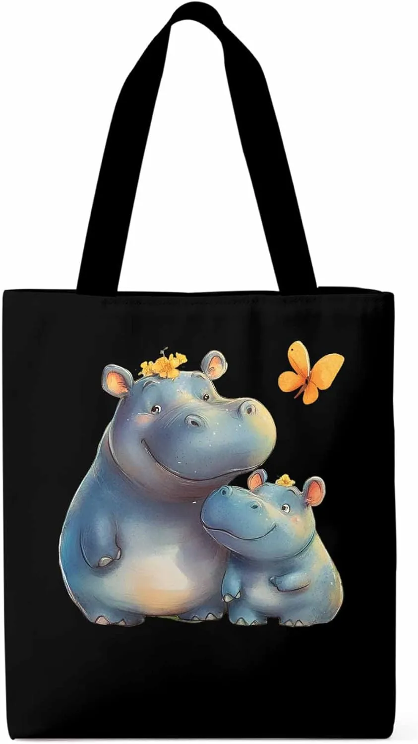 Canvas Tote Bag, Watercolor Cute Hippopotamus Aesthetic Canvas Tote Handbags for Women Shoulder Bag