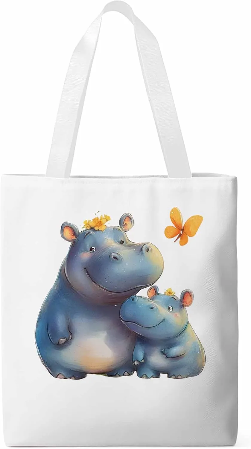 Canvas Tote Bag, Watercolor Cute Hippopotamus Aesthetic Canvas Tote Handbags for Women Shoulder Bag