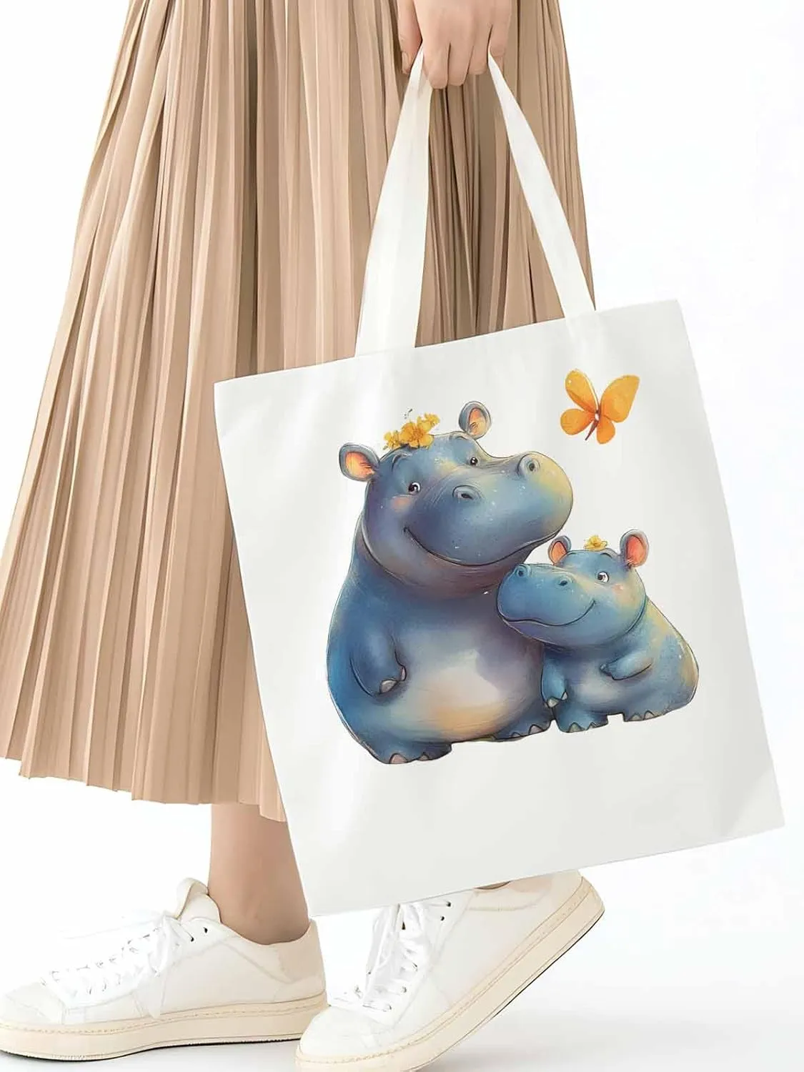 Canvas Tote Bag, Watercolor Cute Hippopotamus Aesthetic Canvas Tote Handbags for Women Shoulder Bag