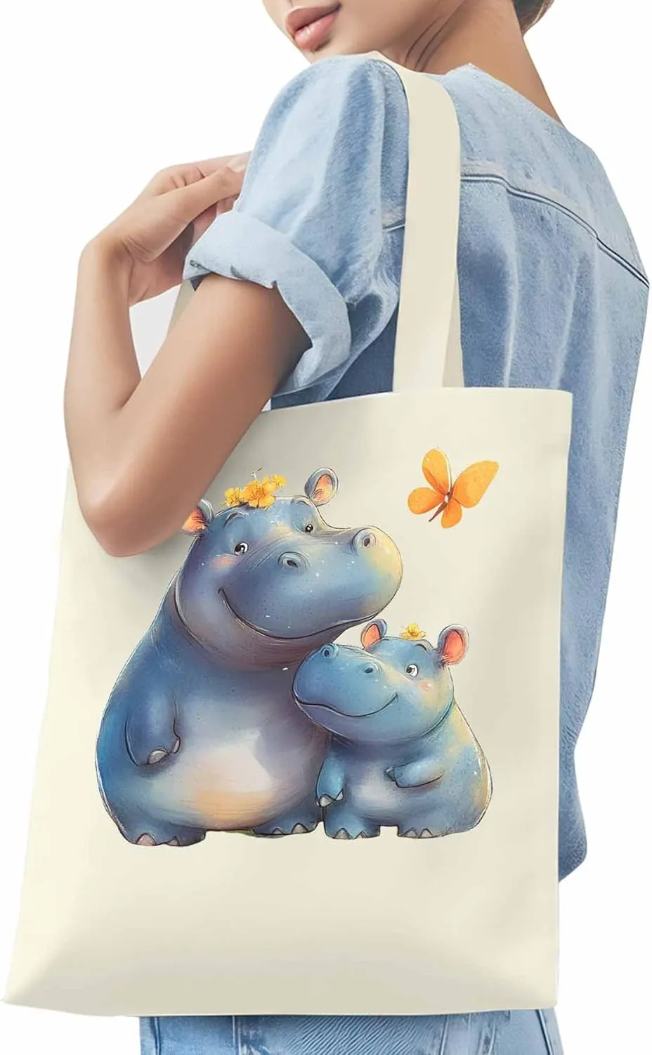 Canvas Tote Bag, Watercolor Cute Hippopotamus Aesthetic Canvas Tote Handbags for Women Shoulder Bag